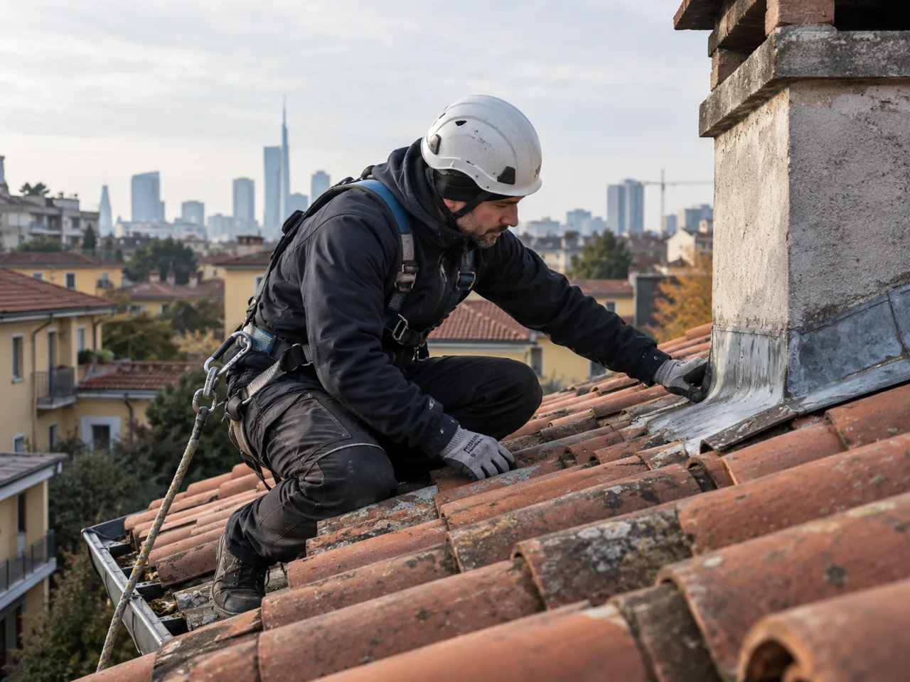Sopralluogo tecnico su un tetto nell’area milanese